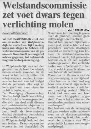 artikel PZC 7 oktober 2002 "Welstandscommissie zet voet swars tegen verlichting molen"